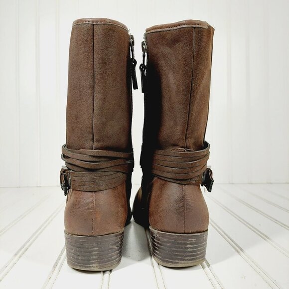 Chaps Gari Brown Leather Slip On Buckle Detail Side Zipper Mid-Shaft Boots D208 - Picture 6 of 12